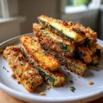 A close-up of a pile of golden-brown, crispy keto zucchini fries, seasoned with herbs.