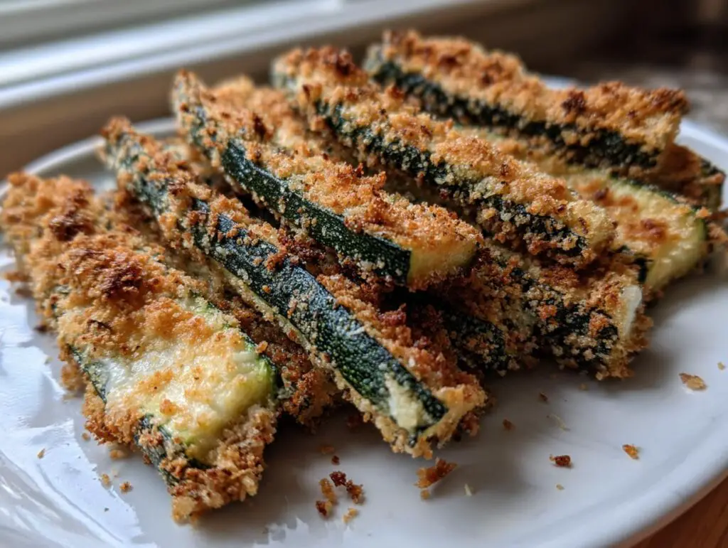 Close-up of a plate filled with golden-brown, crispy keto zucchini fries, showcasing their breaded coating.