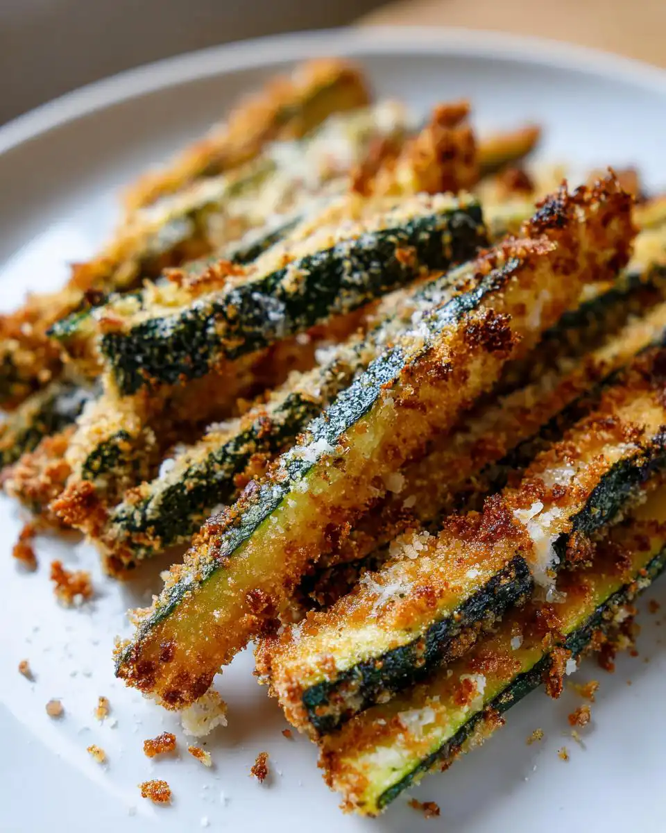 Close-up of golden-brown, crispy keto zucchini fries coated in breadcrumbs and sprinkled with parmesan cheese.