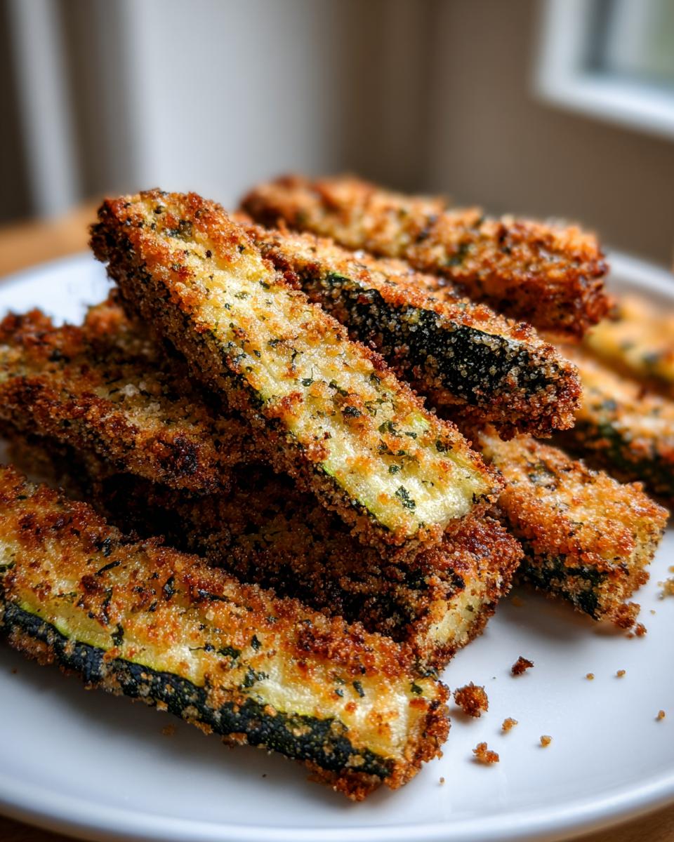 A close-up shot of a pile of golden-brown, crispy keto zucchini fries on a white plate.