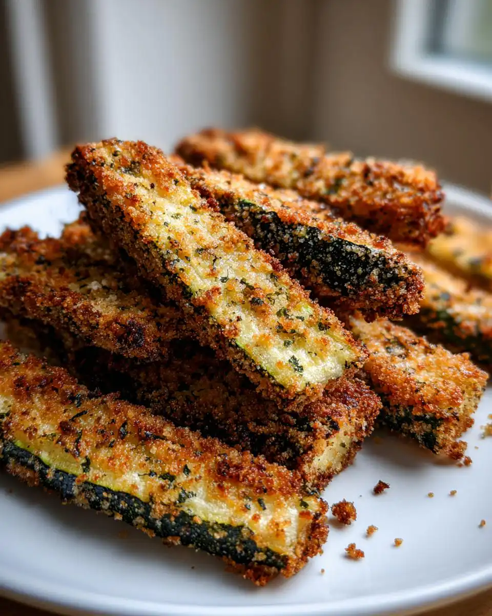 A close-up shot of a pile of golden-brown, crispy keto zucchini fries on a white plate.
