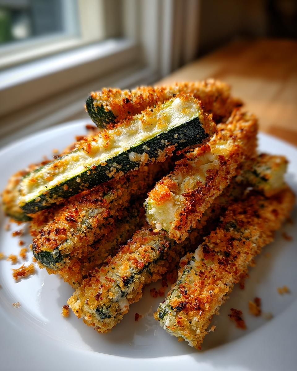 Close-up of a pile of golden-brown keto zucchini fries, breaded and baked to perfection.