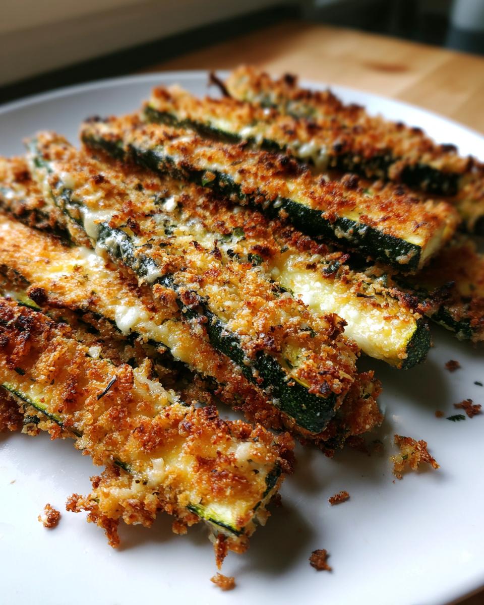 A close-up of golden-brown, crispy keto zucchini fries, coated in breadcrumbs and cheese, served on a white plate.