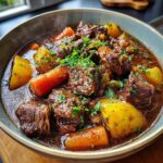 A close-up of a bowl filled with a rich lamb stew recipe, featuring tender chunks of lamb, potatoes, and carrots, garnished with fresh parsley.