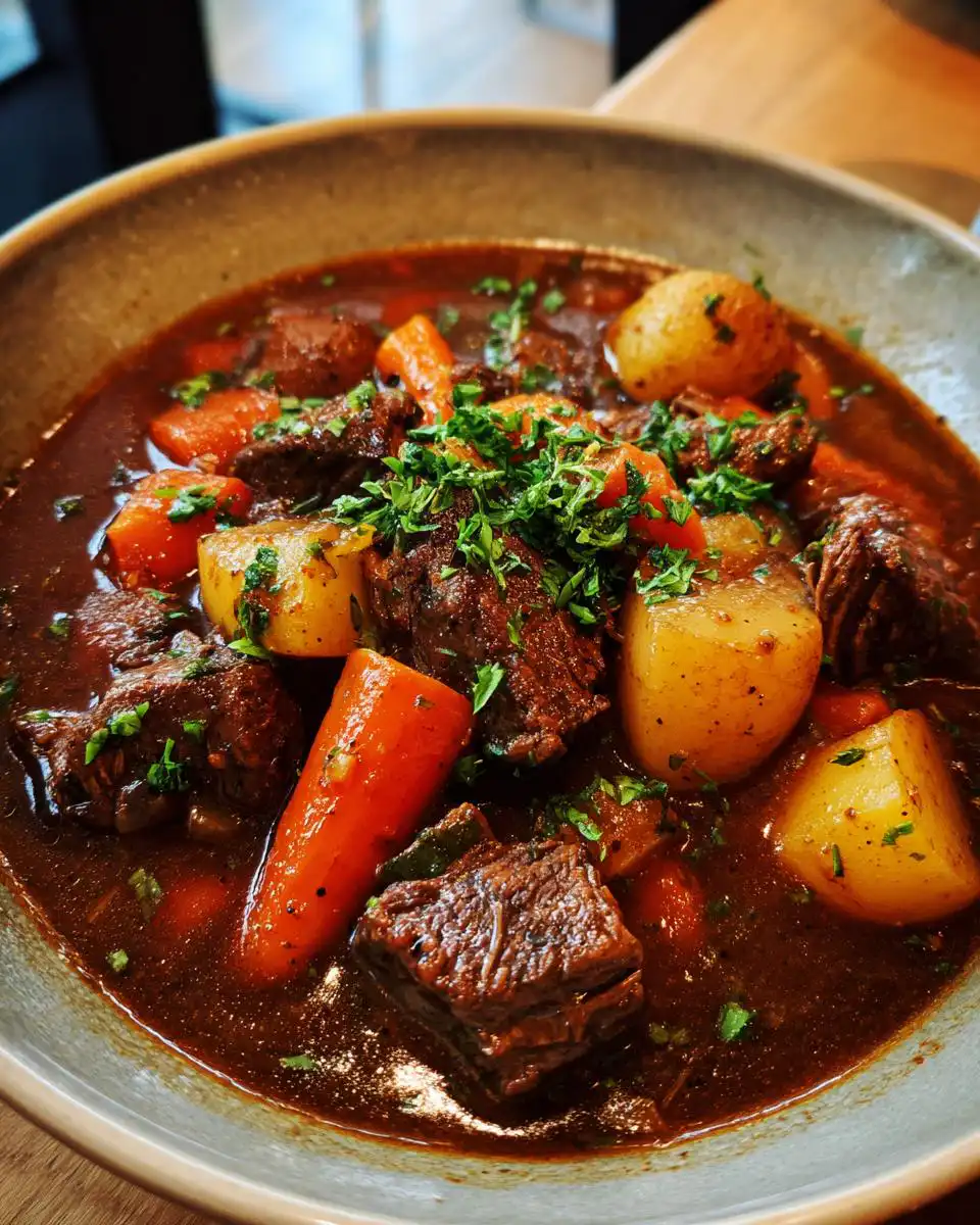 A close-up of a bowl filled with a rich lamb stew recipe, featuring tender lamb chunks, carrots, and potatoes, garnished with fresh parsley.