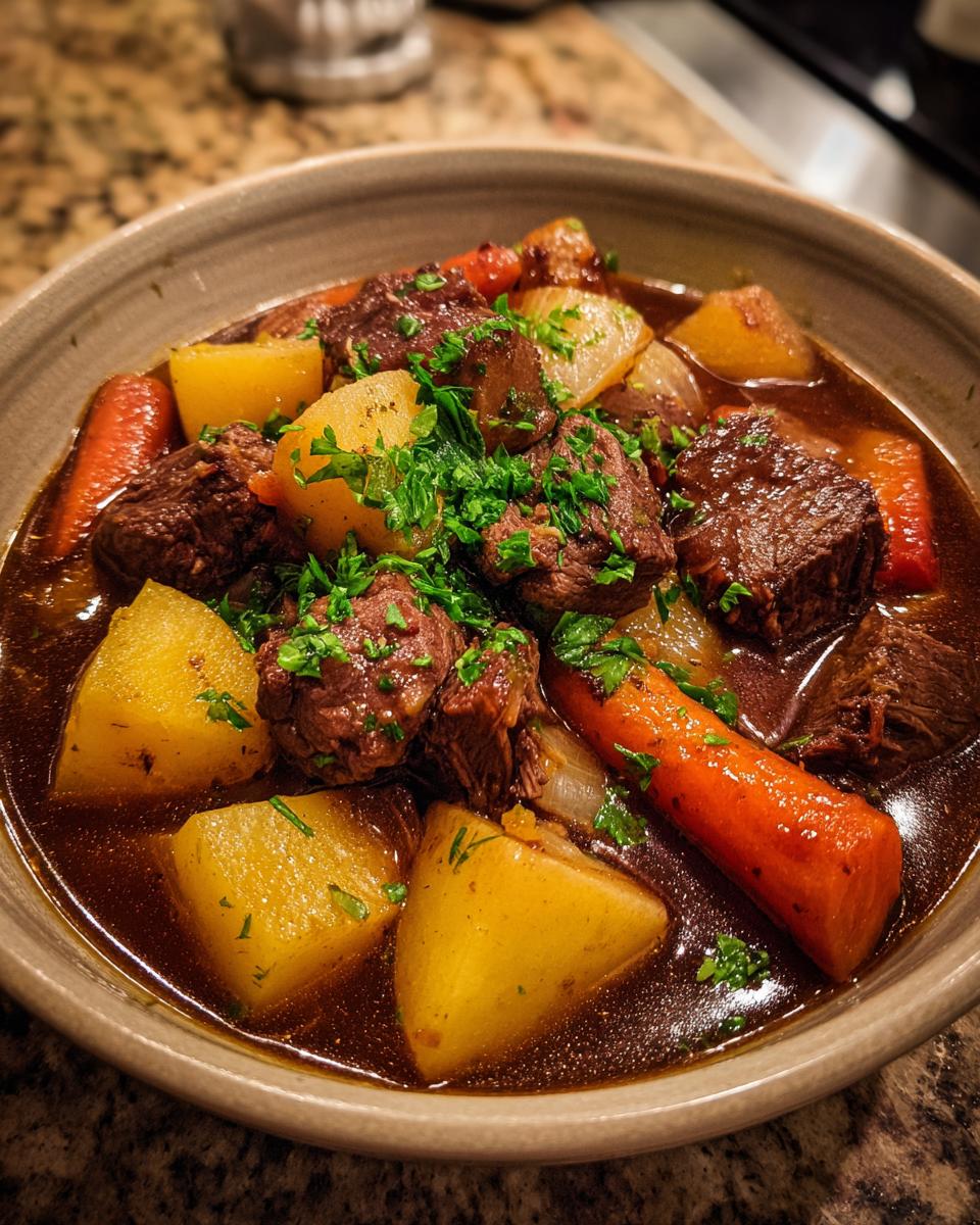 A close-up of a bowl filled with a delicious lamb stew recipe, featuring tender lamb chunks, potatoes, and carrots, garnished with fresh parsley.