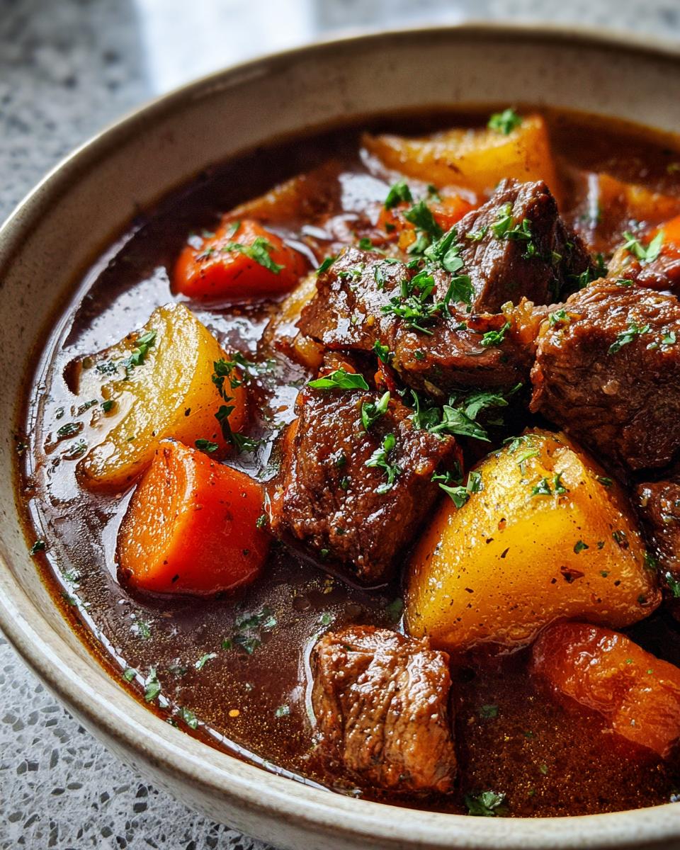 Close-up of a bowl filled with a rich lamb stew recipe, featuring tender lamb chunks, potatoes, and carrots, garnished with fresh parsley.