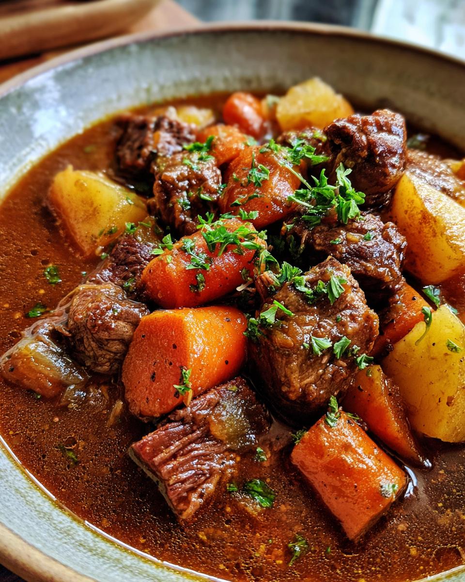 A close-up of a bowl filled with a rich lamb stew recipe, featuring tender lamb chunks, carrots, and potatoes, garnished with fresh parsley.