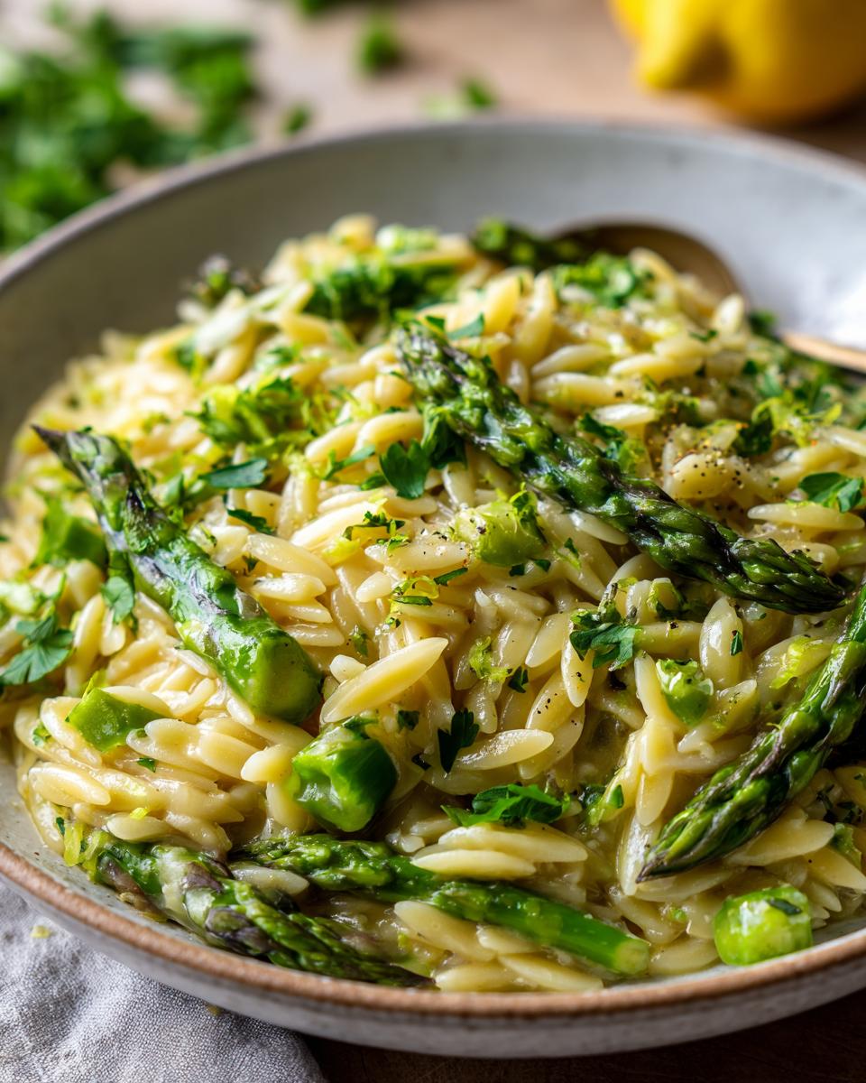 A close-up of a bowl of Lemon Asparagus Orzo, featuring tender asparagus spears and orzo pasta, garnished with fresh parsley and lemon zest.
