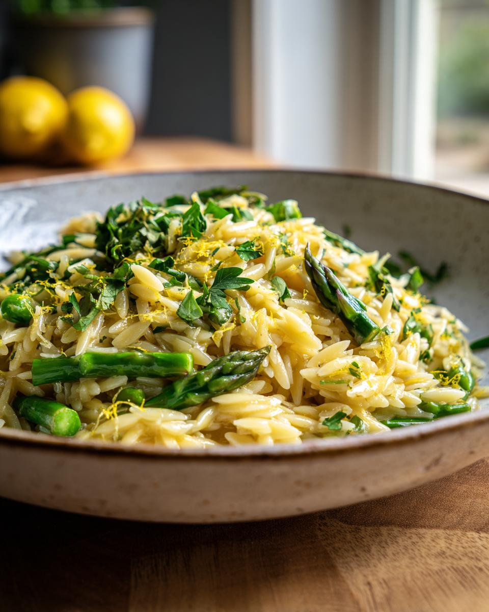 A close-up of a bowl filled with Lemon Asparagus Orzo, topped with fresh parsley and lemon zest.
