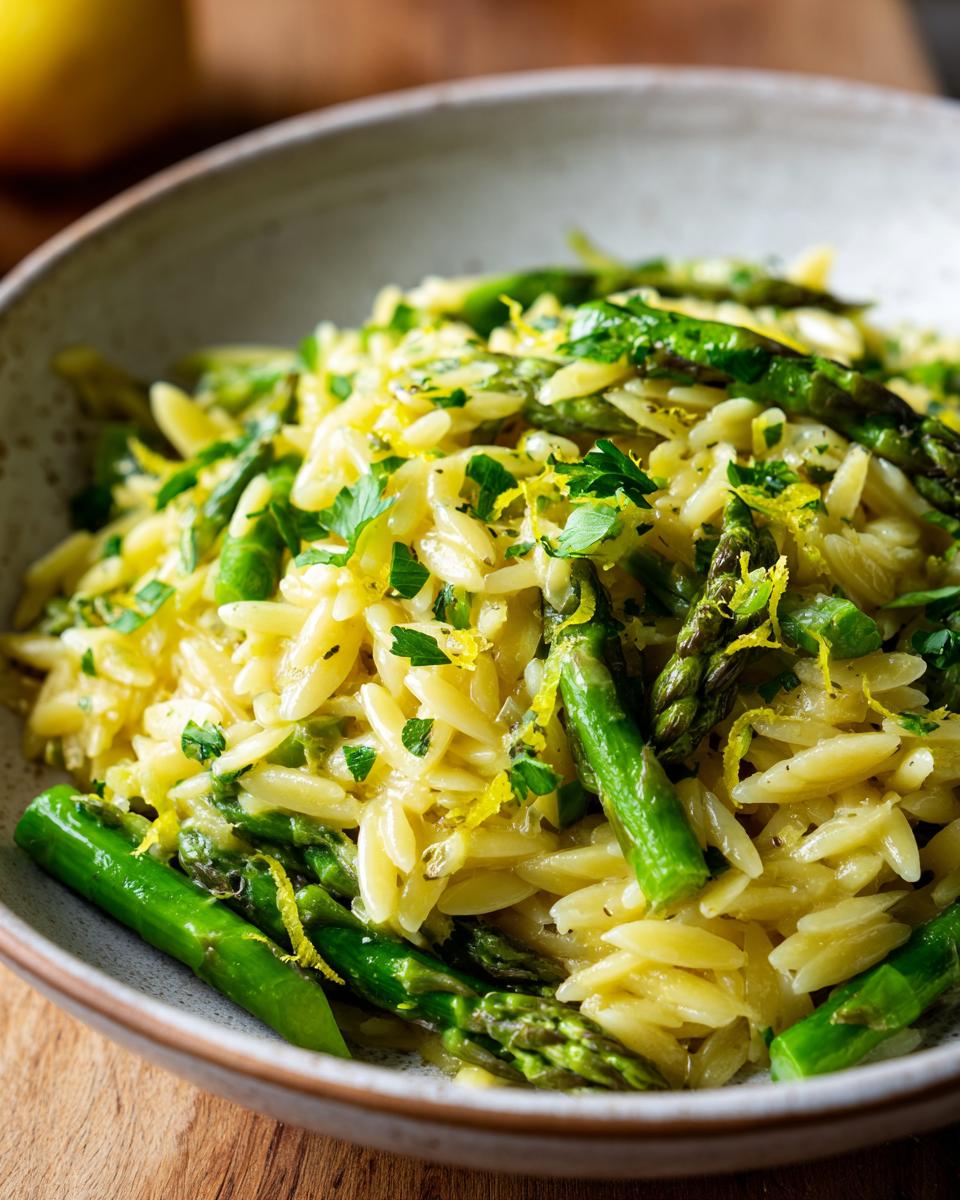 A close-up of a bowl filled with Lemon Asparagus Orzo, featuring tender asparagus spears and orzo pasta, garnished with fresh parsley and lemon zest.
