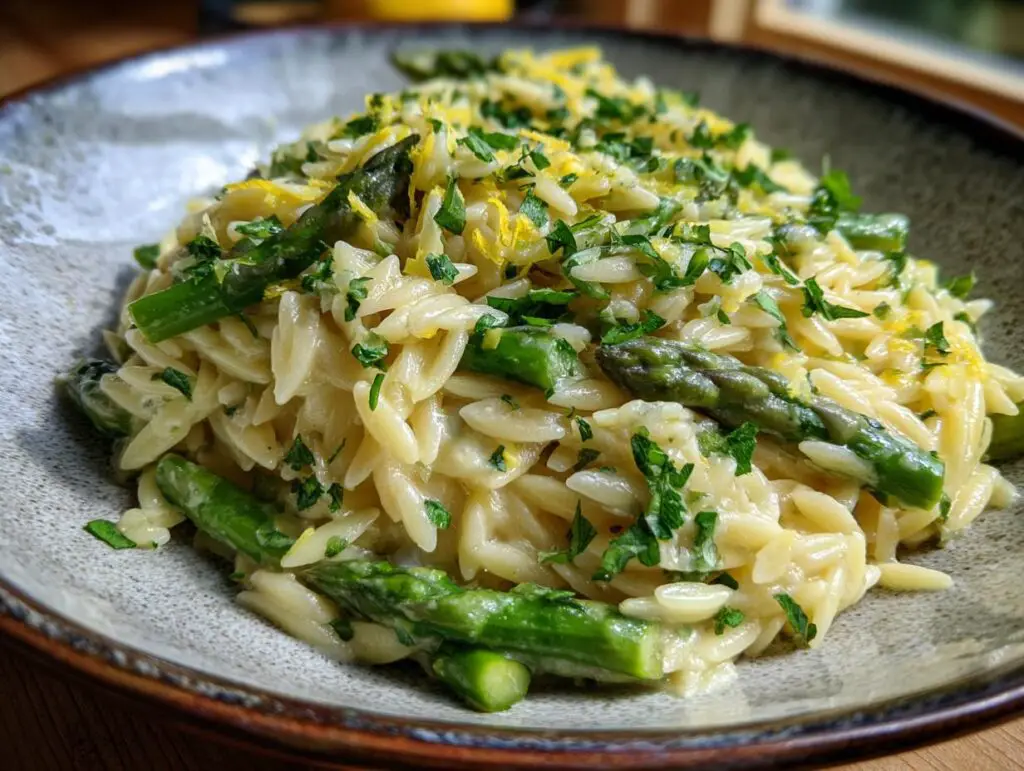 A close-up of a bowl filled with creamy Lemon Asparagus Orzo, topped with fresh parsley and lemon zest.