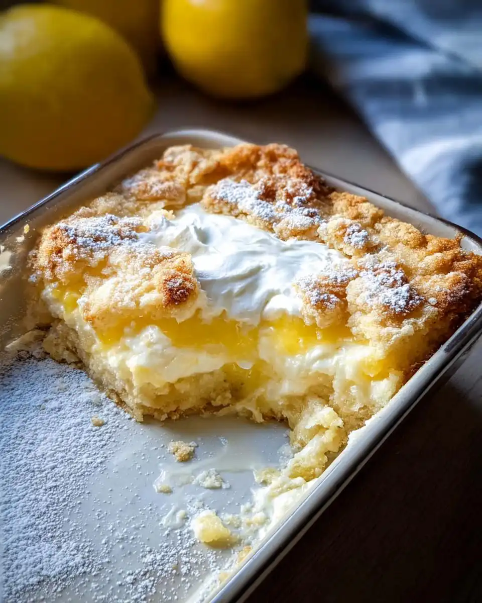 A slice of delicious lemon cream cheese dump cake topped with whipped cream and dusted with powdered sugar.