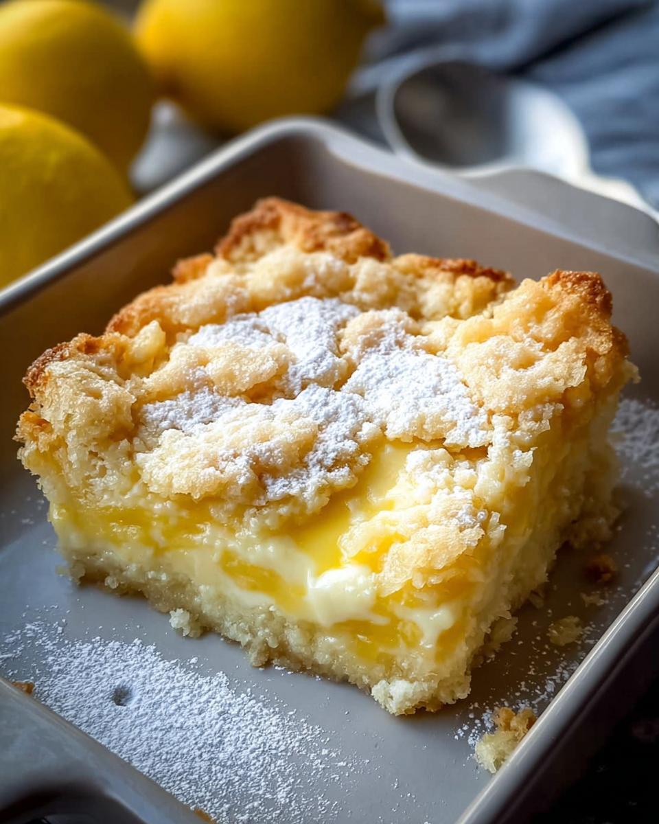 A close-up of a slice of lemon cream cheese dump cake, dusted with powdered sugar.