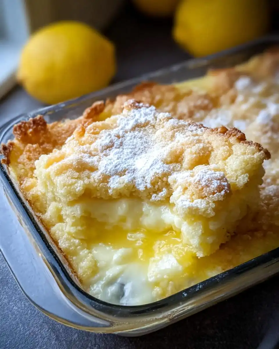 A close-up of a slice of lemon cream cheese dump cake, dusted with powdered sugar, in a glass baking dish.