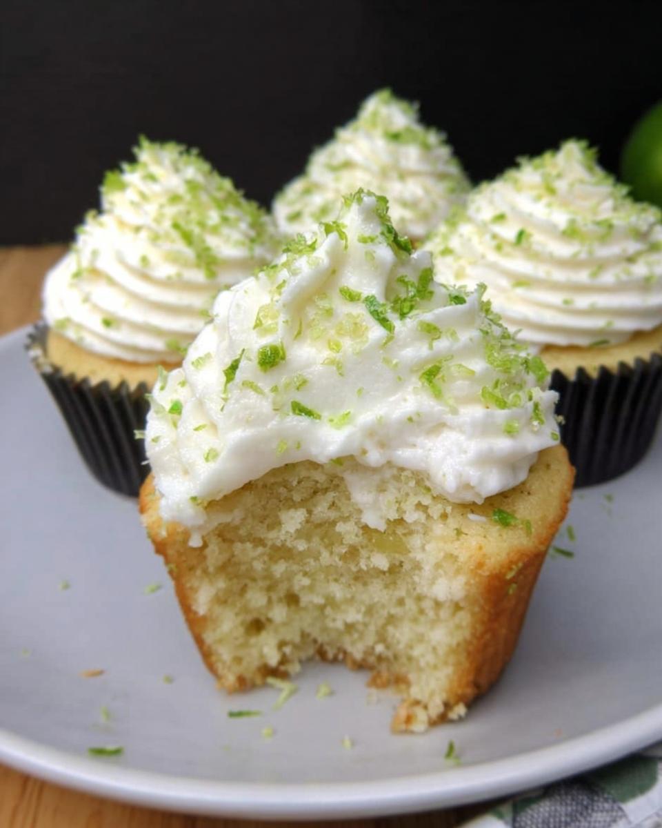 A close-up of a low carb coconut lime cupcake with a bite taken out, revealing a fluffy interior and topped with white frosting and lime zest.