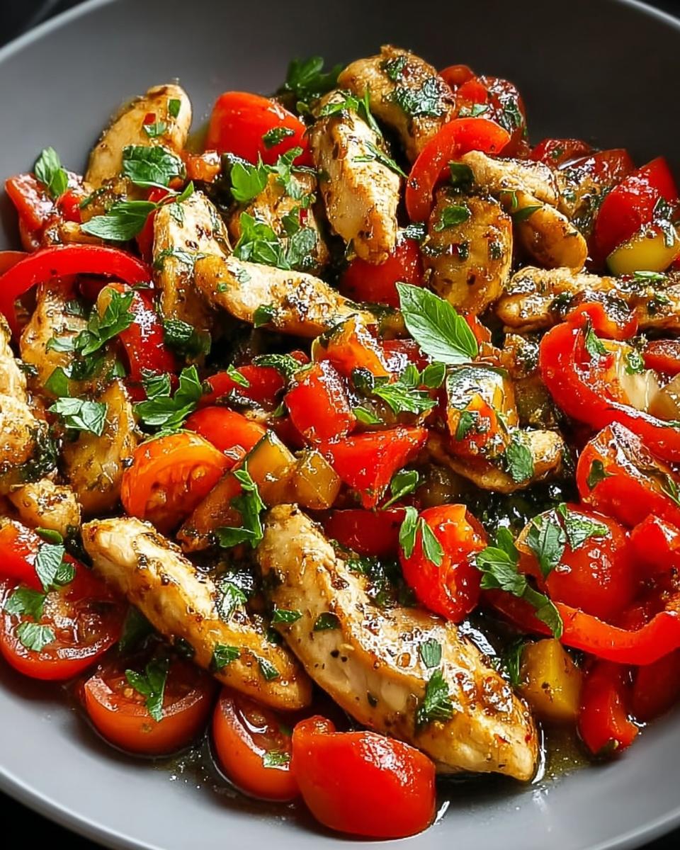 A close-up of Mediterranean Chicken Stir Fry featuring tender chicken strips, cherry tomatoes, and red bell peppers, garnished with fresh herbs.