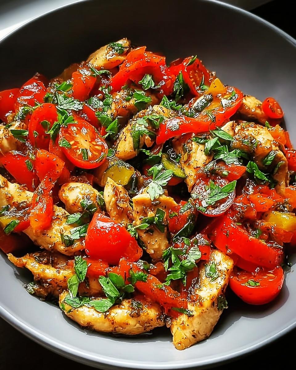 Close-up of a bowl filled with Mediterranean Chicken Stir Fry, featuring tender chicken pieces, cherry tomatoes, red and green bell peppers, and fresh parsley.