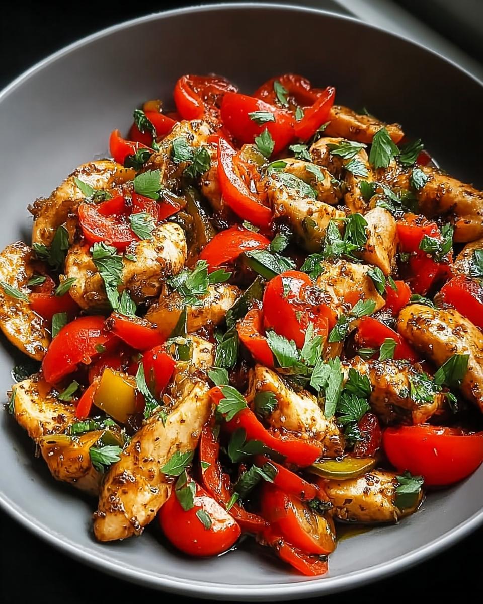 A close-up of a bowl filled with Mediterranean Chicken Stir Fry, featuring tender chicken strips, cherry tomatoes, and red bell peppers, garnished with fresh parsley.