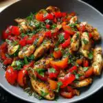 A close-up of a bowl filled with Mediterranean Chicken Stir Fry, featuring tender chicken strips, colorful bell peppers, zucchini, and cherry tomatoes, garnished with fresh parsley.
