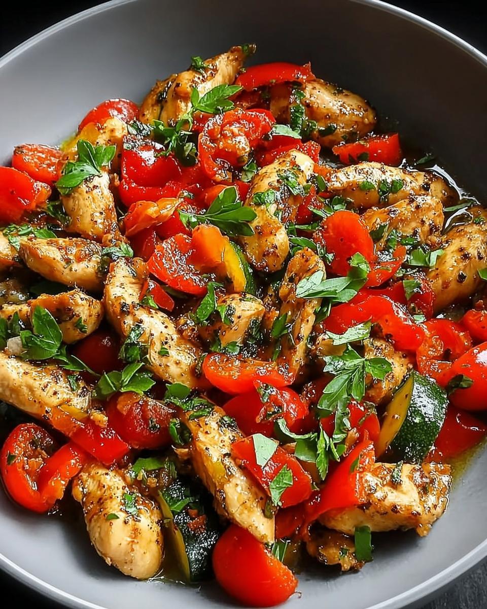 A close-up of Mediterranean Chicken Stir Fry featuring tender chicken pieces, cherry tomatoes, red bell peppers, and zucchini, garnished with fresh parsley.
