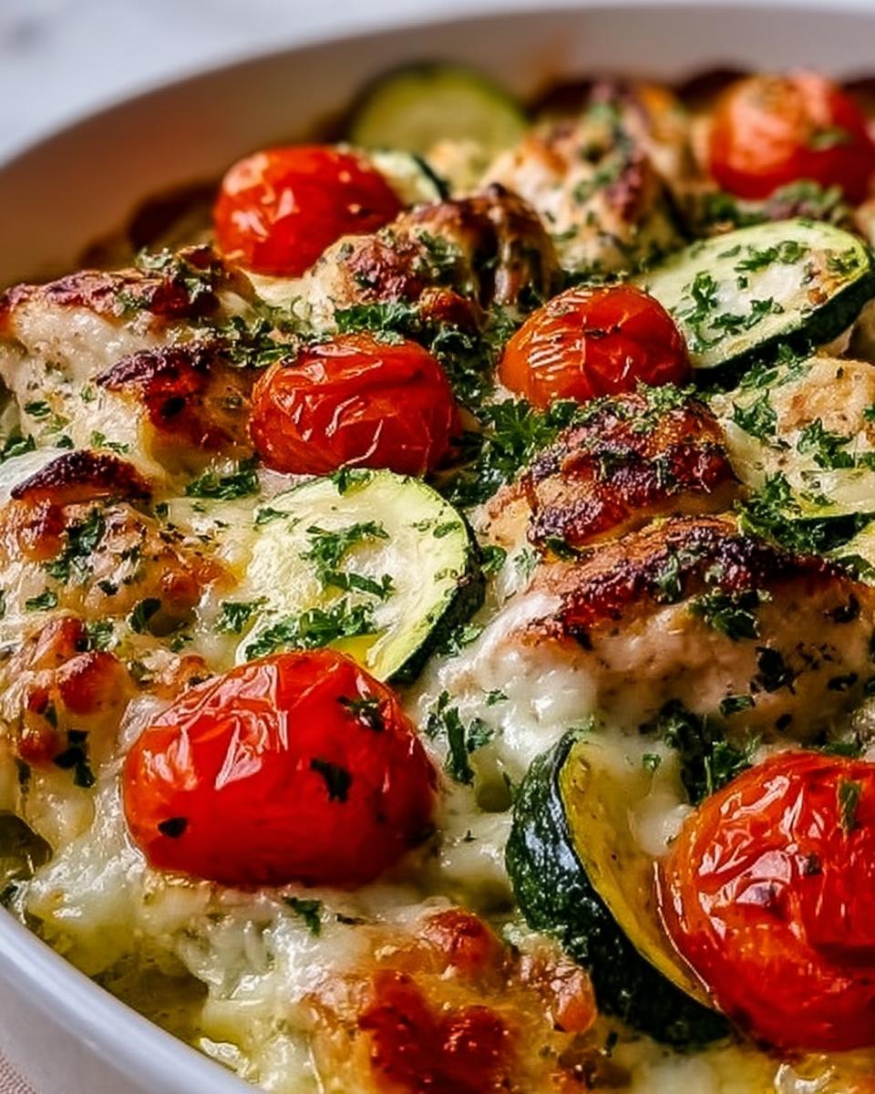 Close-up of Mediterranean Chicken Zucchini Bake with melted cheese, cherry tomatoes, and zucchini slices.