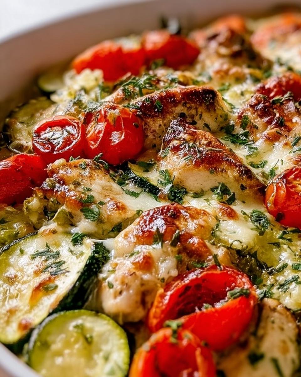 Close-up of a Mediterranean Chicken Zucchini Bake with melted cheese, cherry tomatoes, and herbs.