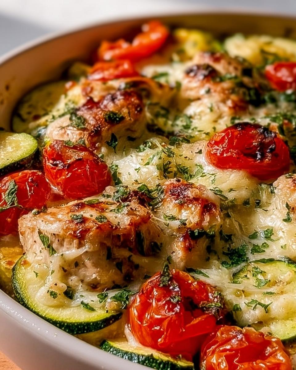 Close-up of a Mediterranean Chicken Zucchini Bake featuring chicken pieces, zucchini slices, cherry tomatoes, and melted cheese.