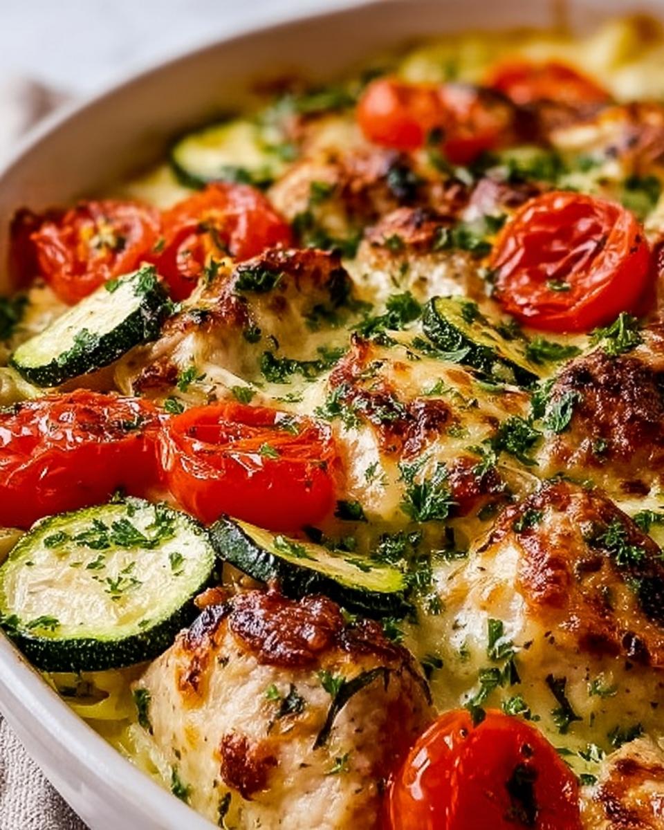 A close-up of a Mediterranean Chicken Zucchini Bake in a white dish, featuring chicken pieces, zucchini slices, cherry tomatoes, and melted cheese.