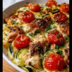 Close-up of a Mediterranean Chicken Zucchini Bake featuring tender chicken, zucchini slices, cherry tomatoes, and melted cheese, garnished with parsley.
