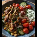 A vibrant Mediterranean Chickpea Skillet featuring grilled chicken, chickpeas, cherry tomatoes, cucumber, red onion, and a dollop of creamy sauce.
