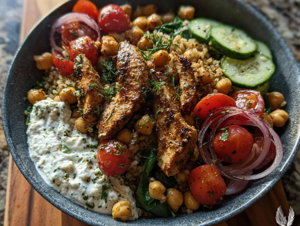 A vibrant Mediterranean Chickpea Skillet bowl filled with seasoned chicken, chickpeas, quinoa, tomatoes, cucumber, and a dollop of creamy dip.