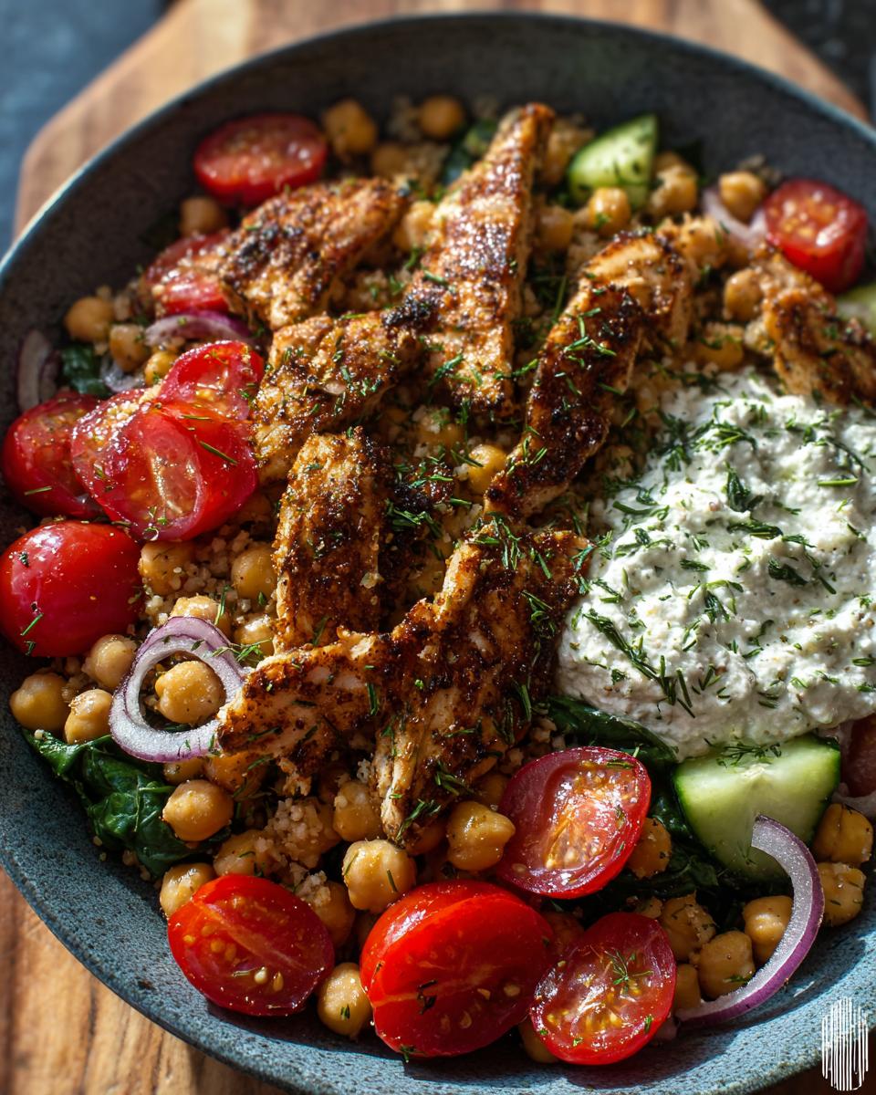 A vibrant Mediterranean Chickpea Skillet featuring grilled chicken, chickpeas, cherry tomatoes, cucumber, red onion, and a creamy dill sauce.