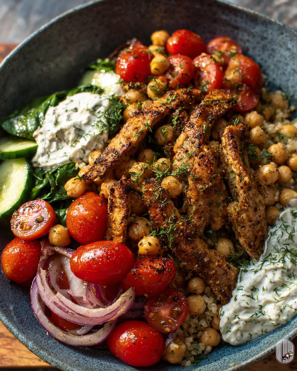 A vibrant bowl of Mediterranean Chickpea Skillet featuring grilled chicken, chickpeas, cherry tomatoes, cucumber, red onion, and a dollop of creamy sauce.