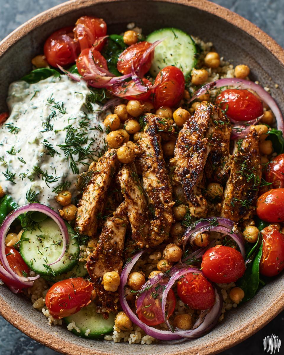 Close-up of a Mediterranean Chickpea Skillet with grilled chicken, chickpeas, tomatoes, cucumber, and creamy dill sauce.
