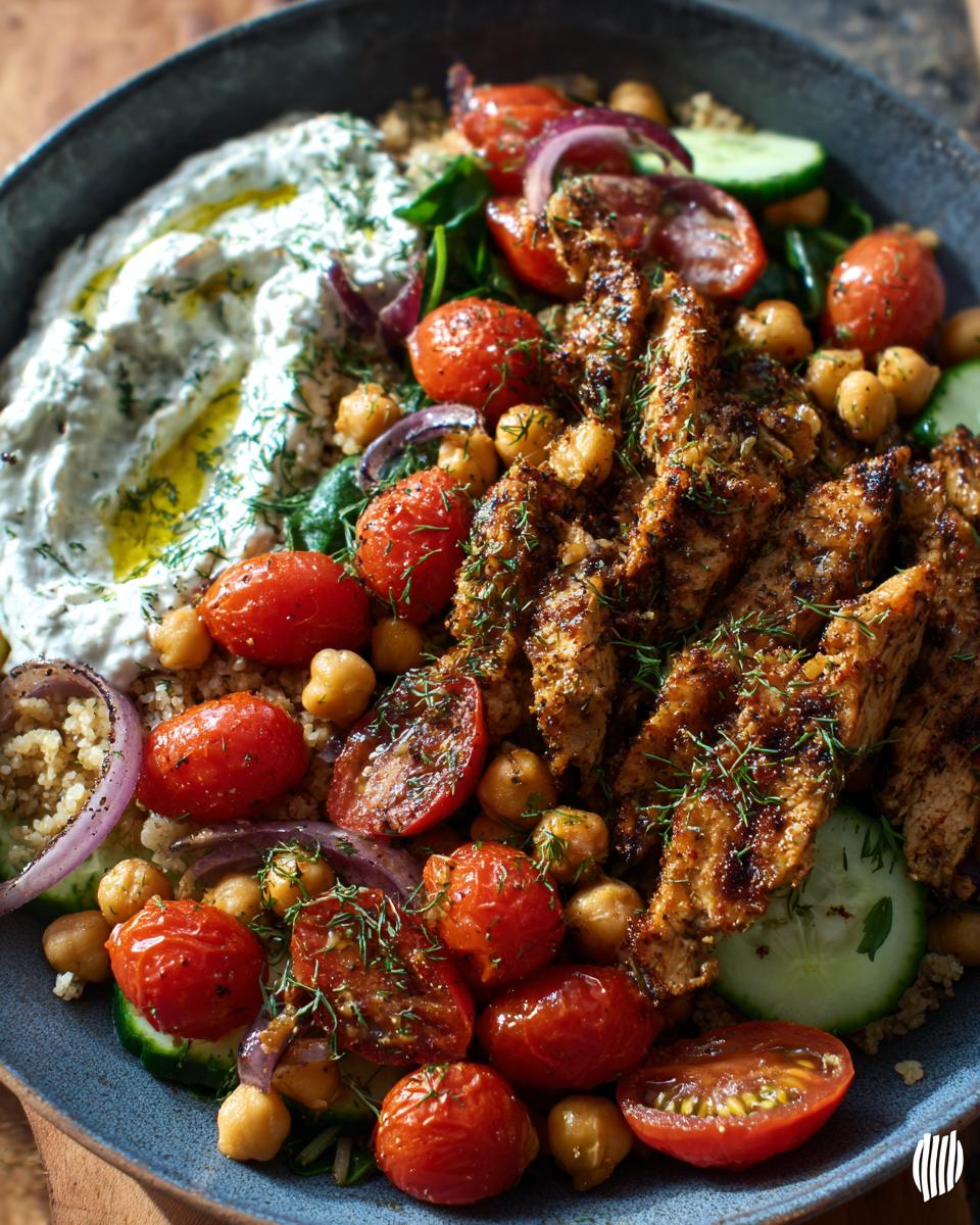A vibrant bowl of Mediterranean Chickpea Skillet featuring seasoned chicken, roasted tomatoes, chickpeas, cucumber, red onion, and creamy hummus.