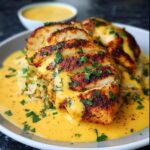 Close-up of sliced Mexican cheesy chicken skillet served over rice, drizzled with creamy cheese sauce and garnished with parsley.