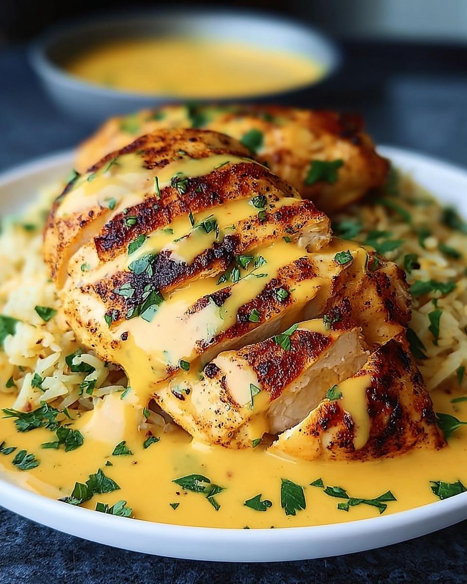 Close-up of sliced Mexican cheesy chicken skillet served over rice and drizzled with cheese sauce, garnished with parsley.
