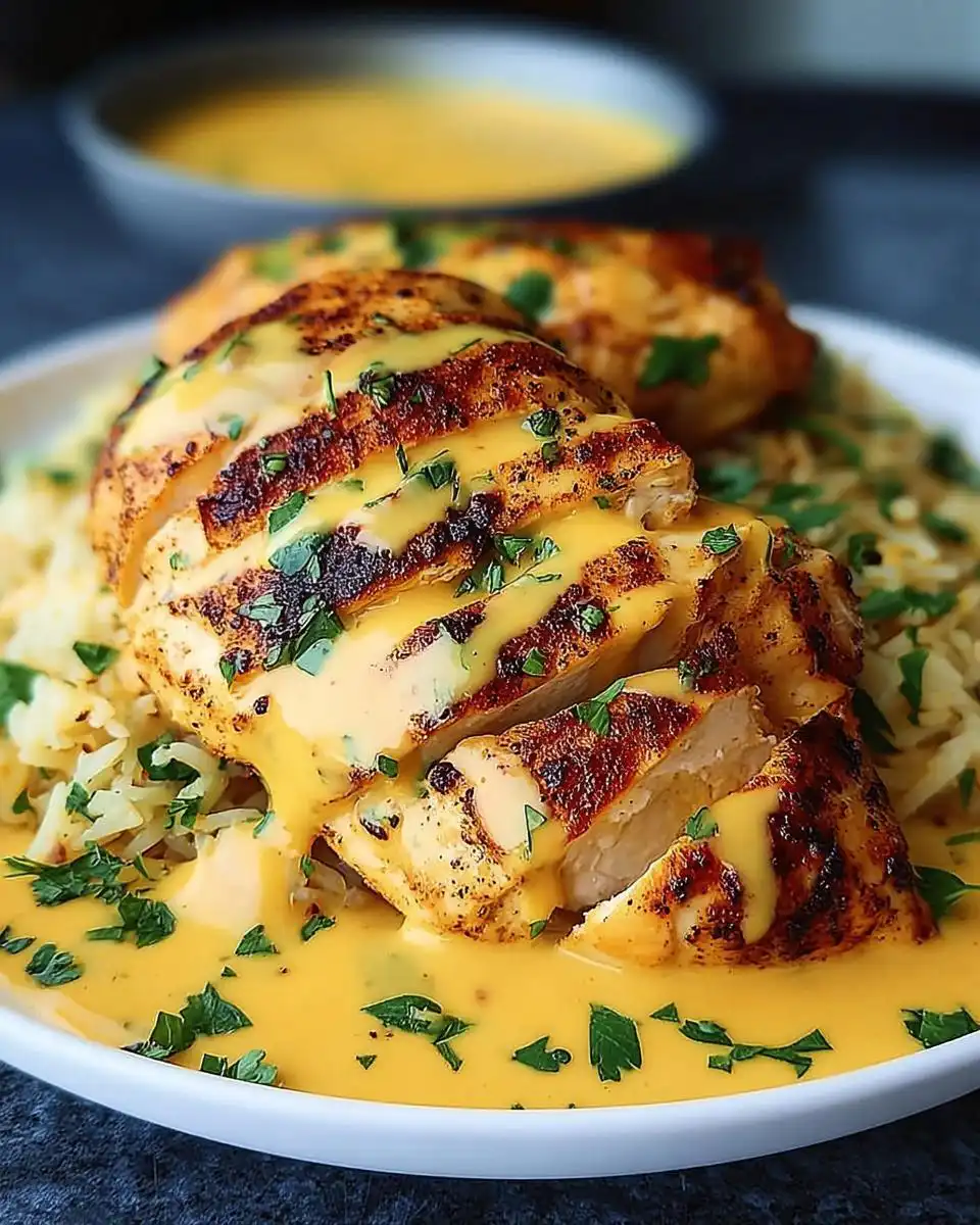 Close-up of sliced Mexican cheesy chicken skillet served over rice and drizzled with cheese sauce, garnished with parsley.