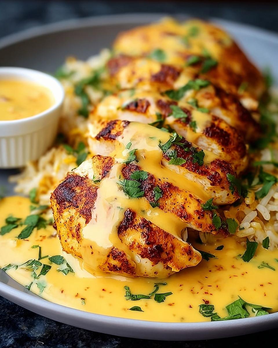 Close-up of sliced Mexican cheesy chicken skillet served over rice and drizzled with cheese sauce, garnished with parsley.