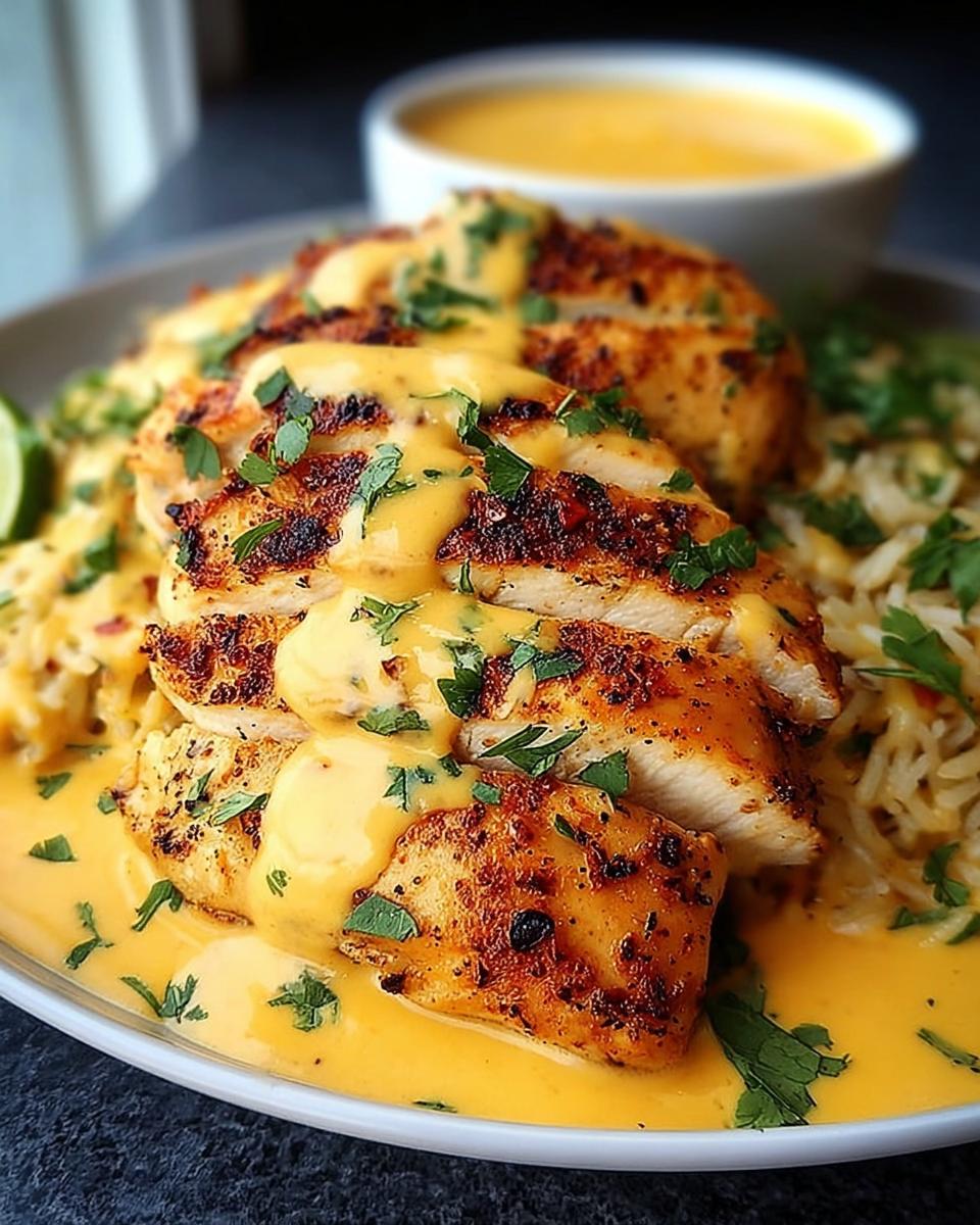 Close-up of sliced Mexican cheesy chicken skillet served over rice, drizzled with cheese sauce and garnished with parsley.