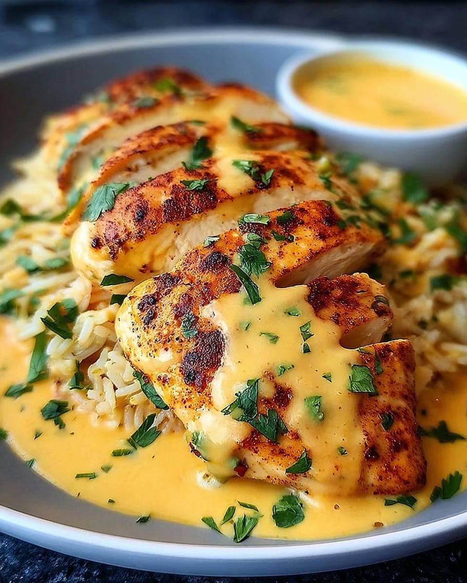 Close-up of sliced Mexican cheesy chicken skillet served over rice and drizzled with cheese sauce, garnished with parsley.