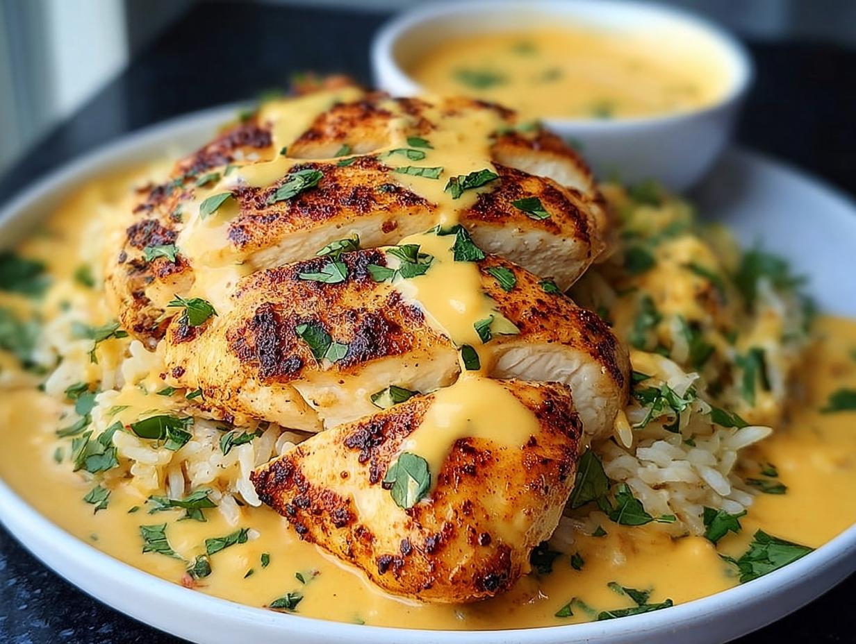 Close-up of sliced Mexican cheesy chicken skillet served over rice and drizzled with cheese sauce, garnished with parsley.
