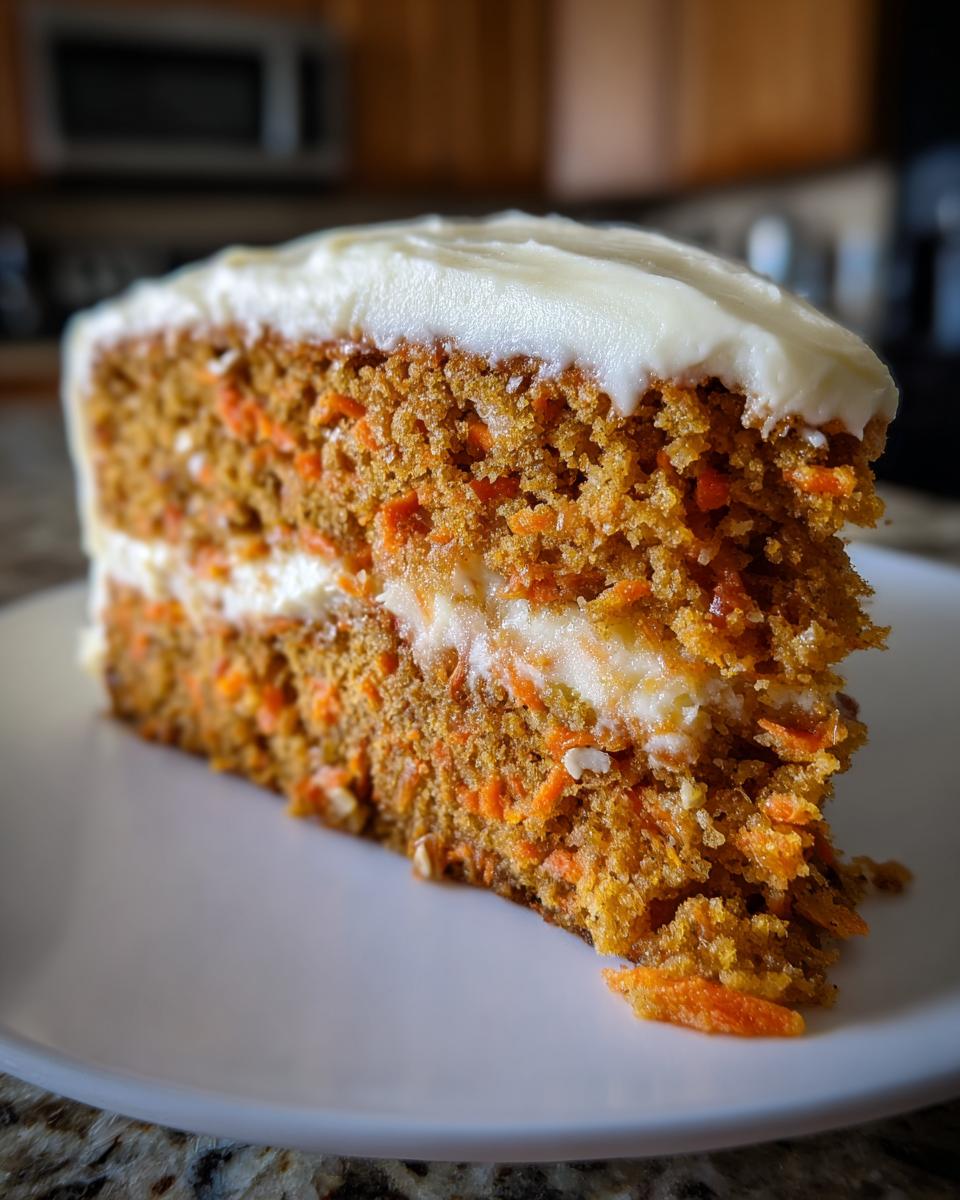 A delicious slice of moist carrot cake with thick cream cheese frosting, showing visible carrot shreds and nuts.