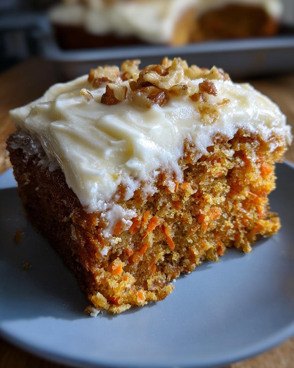 A close-up of a slice of moist carrot cake topped with creamy cream cheese frosting and chopped walnuts.
