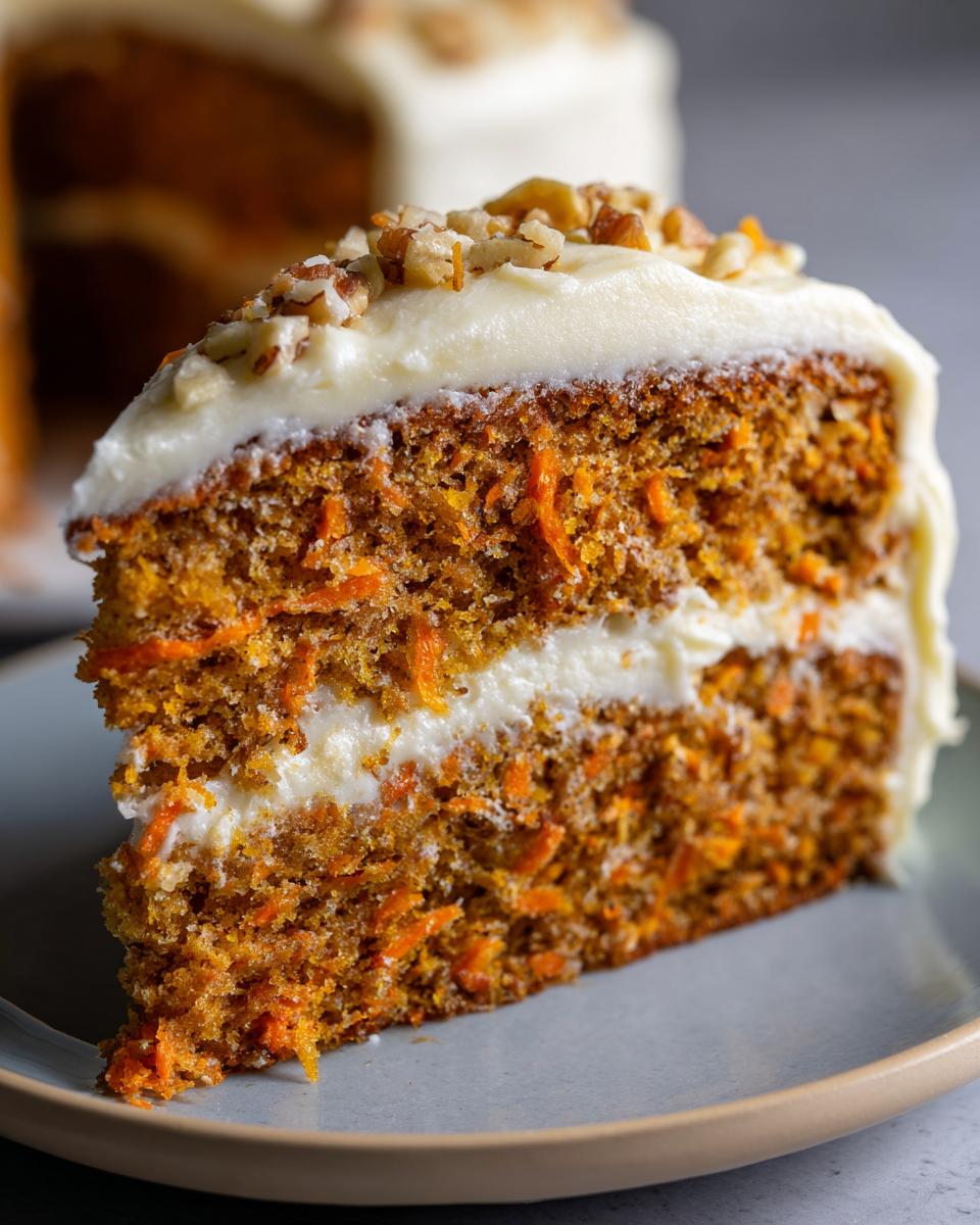 A close-up of a slice of moist carrot cake with thick cream cheese frosting and chopped nuts.