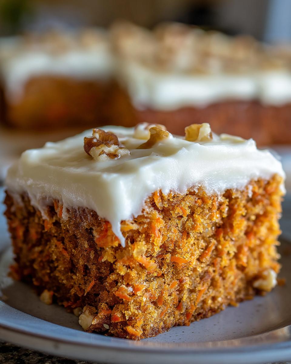 A close-up of a slice of Moist Carrot Cake with Cream Cheese Frosting, topped with walnuts.