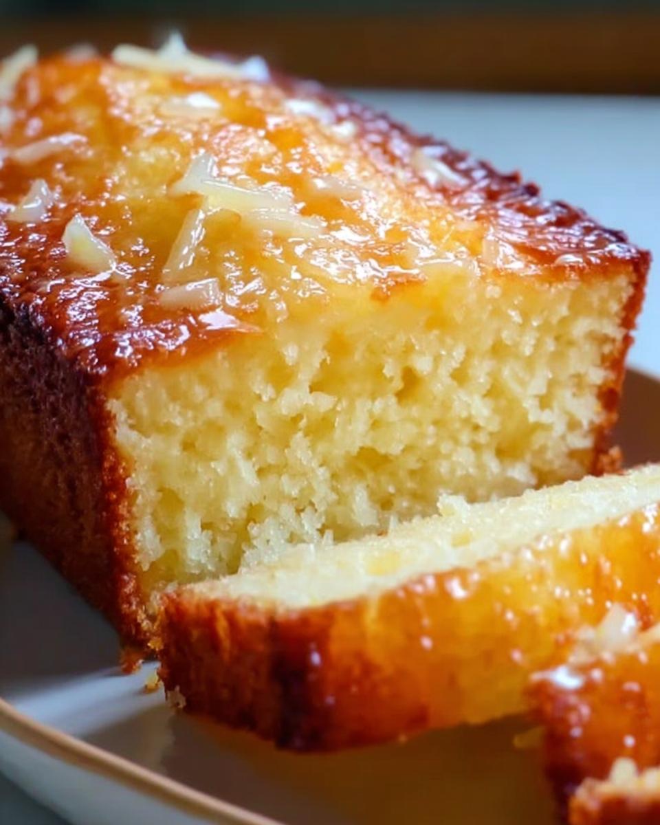 Close-up of a slice of Moist Lemon Yogurt Cake made with Almond Flour, topped with a glistening glaze.