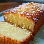 Close-up of a slice of moist lemon yogurt cake made with almond flour, topped with glaze and shredded coconut.