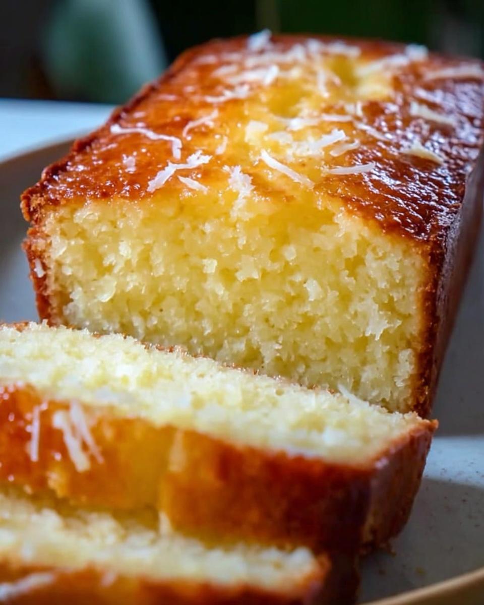 A close-up of a slice of Moist Lemon Yogurt Cake made with Almond Flour, topped with glaze and shredded coconut.